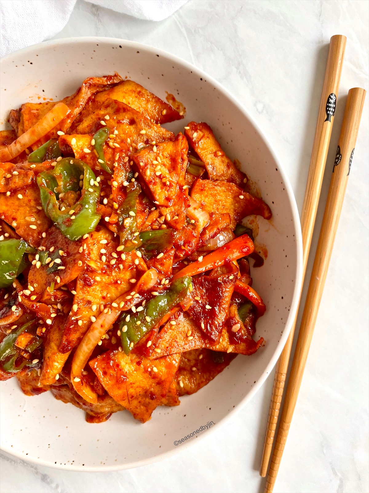 Stir-fried fish cake, a national side dish. Stir-fried fish cake