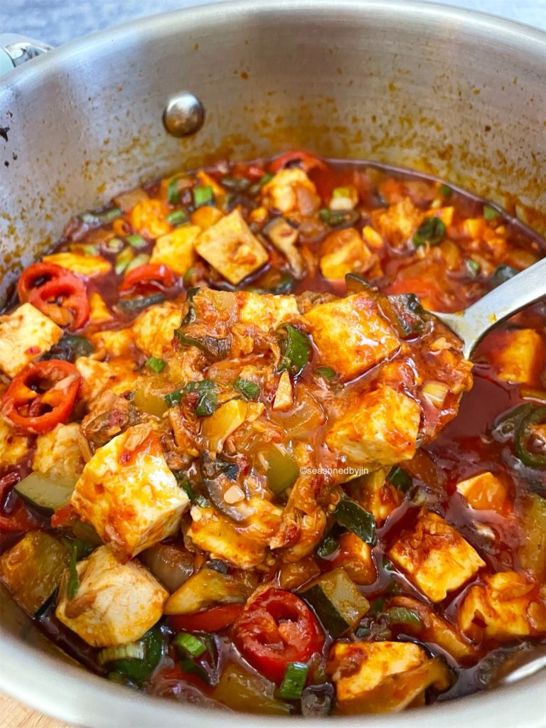 Spicy Tofu Jjageuli with tuna in a pot