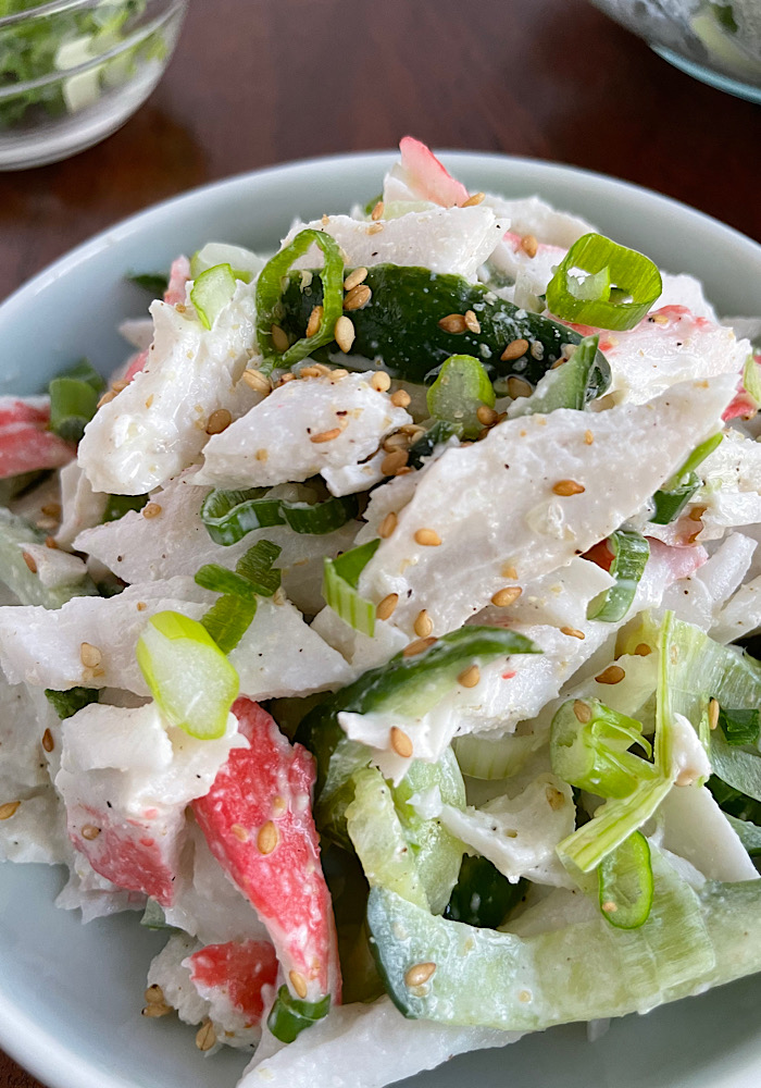 korean crab meat salad close up photo